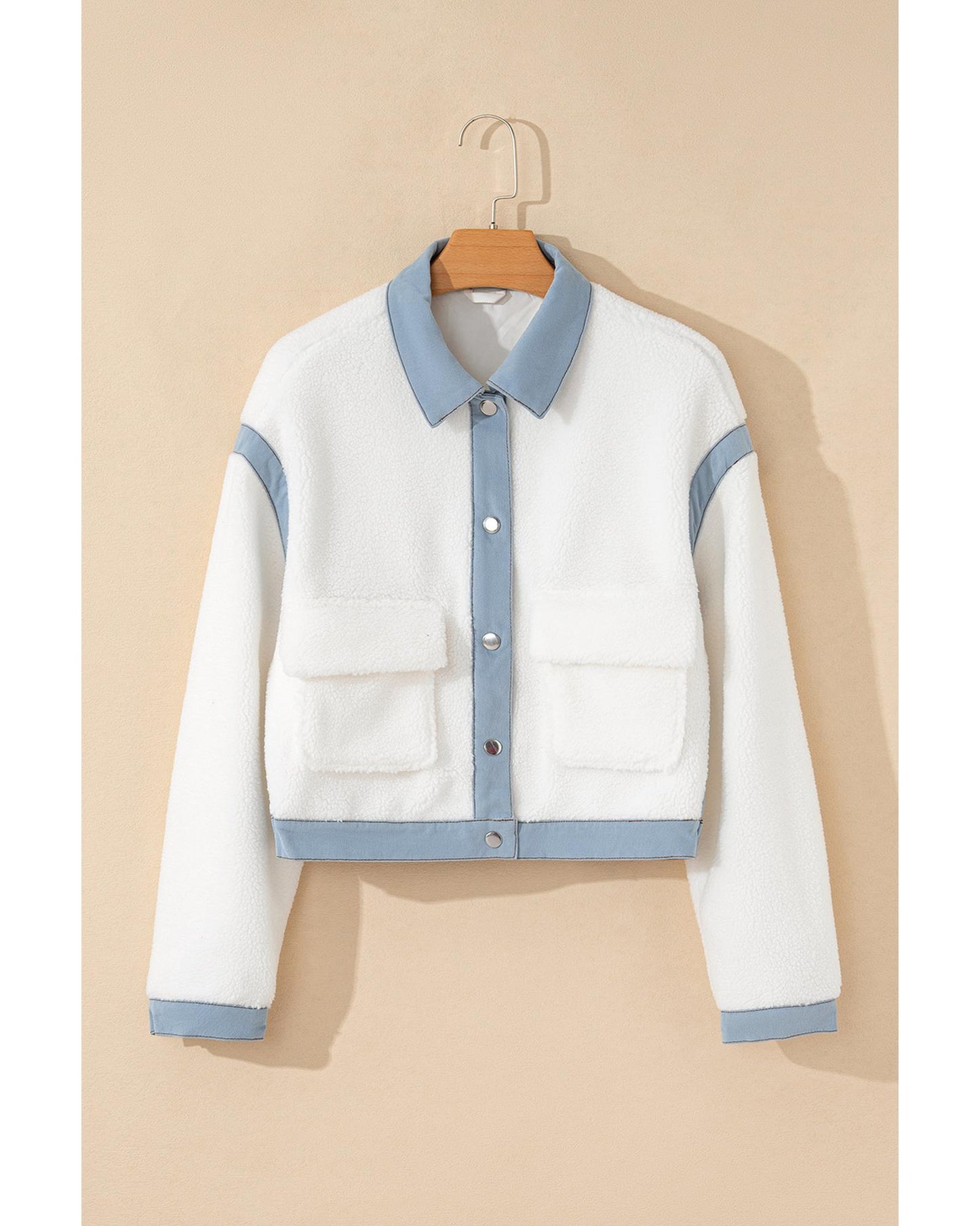 White Contrast Trim Buttoned Sherpa Jacket