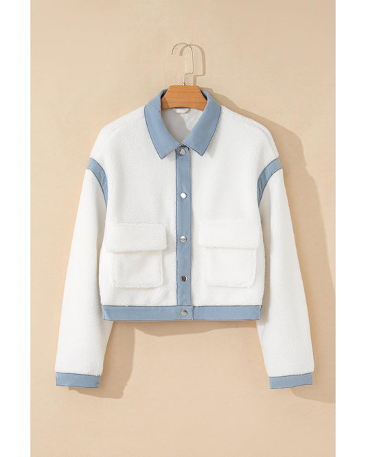White Contrast Trim Buttoned Sherpa Jacket