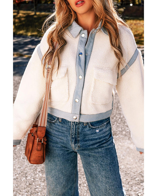 White Contrast Trim Buttoned Sherpa Jacket
