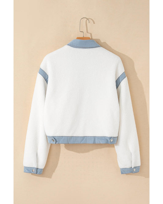 White Contrast Trim Buttoned Sherpa Jacket