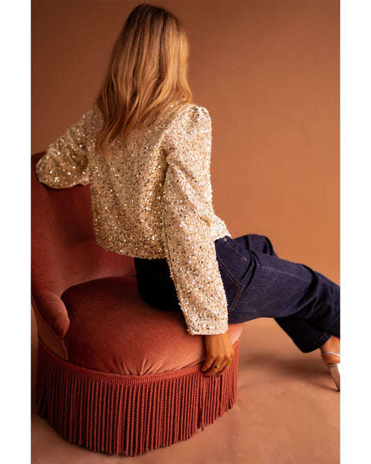 Black Sequined Open Front Cropped Jacket - L