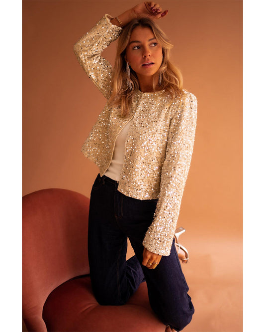 Black Sequined Open Front Cropped Jacket - L