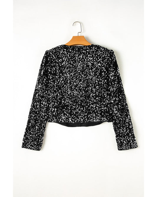 Black Sequined Open Front Cropped Jacket - L