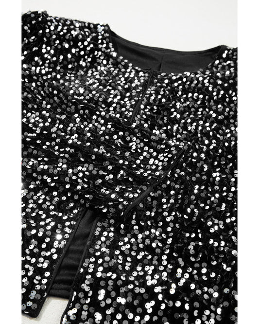 Black Sequined Open Front Cropped Jacket - L