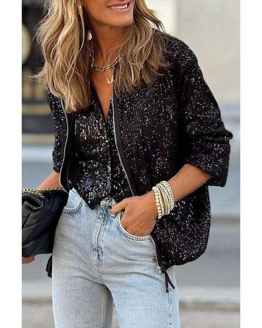 Black Sequin Zip up Round Neck Long Sleeve Jacket - L