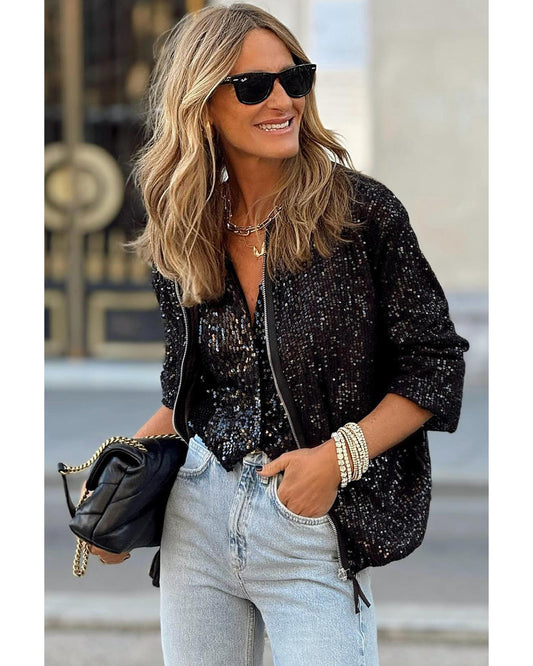 Black Sequin Zip up Round Neck Long Sleeve Jacket - L