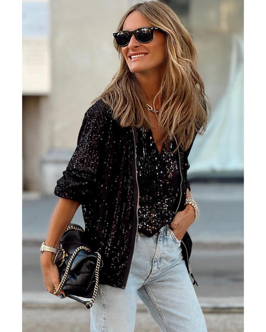 Black Sequin Zip up Round Neck Long Sleeve Jacket - L