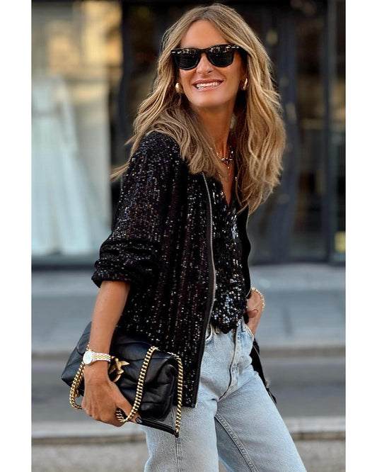 Black Sequin Zip up Round Neck Long Sleeve Jacket - L
