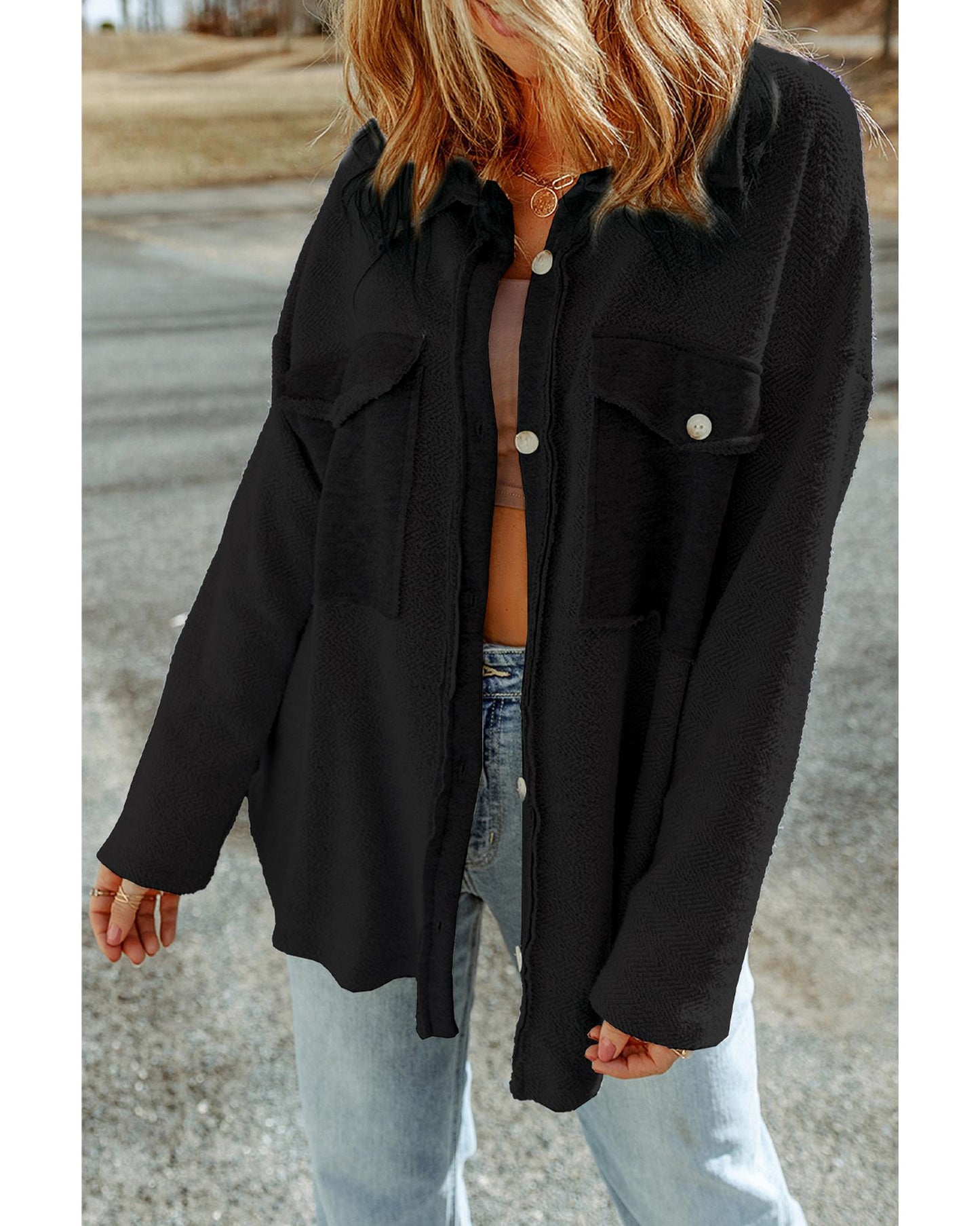 Black Contrast Flap Pockets Relaxed Shacket - 2XL