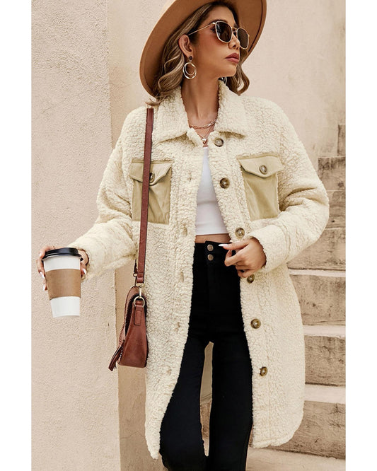 Beige Contrast Flap Pocket Single Breasted Teddy Coat - L