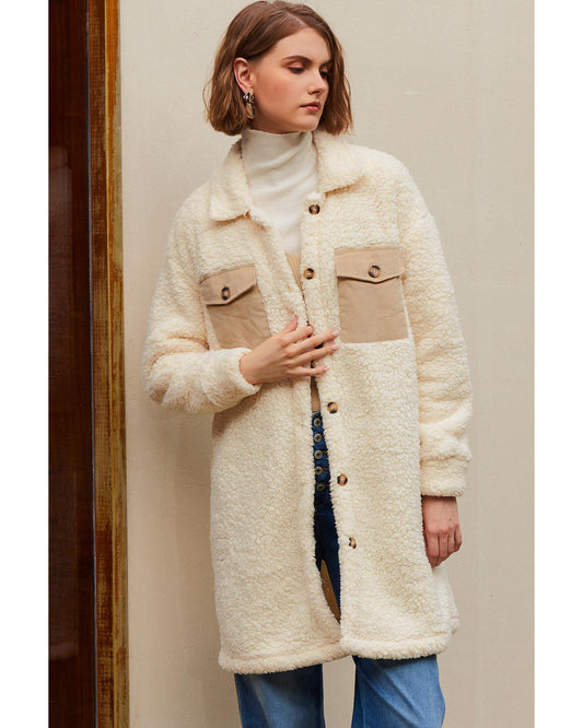 Beige Contrast Flap Pocket Single Breasted Teddy Coat - L