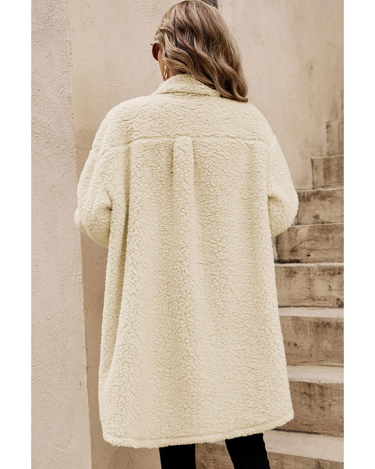 Beige Contrast Flap Pocket Single Breasted Teddy Coat - L