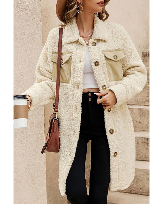 Beige Contrast Flap Pocket Single Breasted Teddy Coat - L