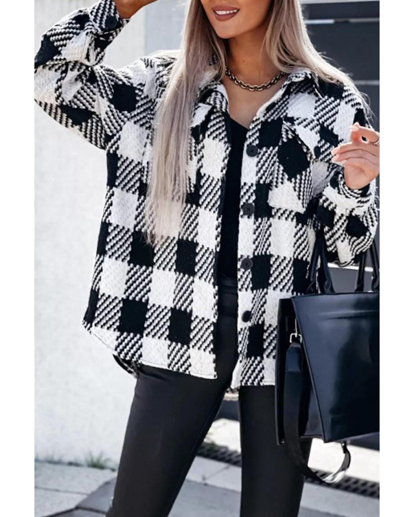 Black Plaid Textured Flap Pocket Shacket
