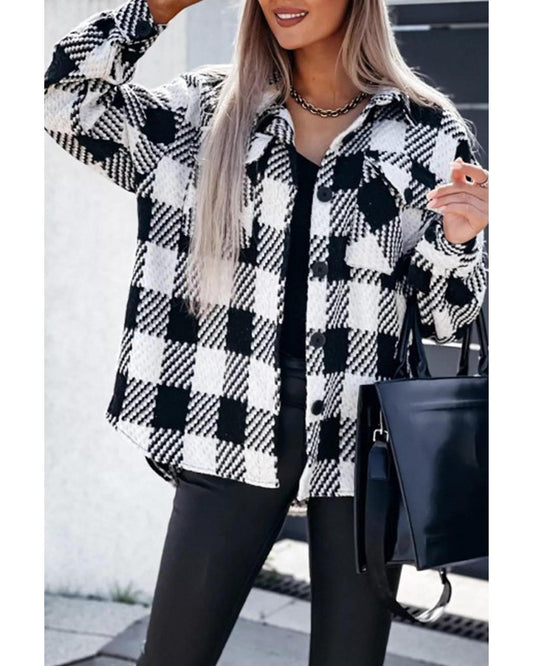 Black Plaid Textured Flap Pocket Shacket