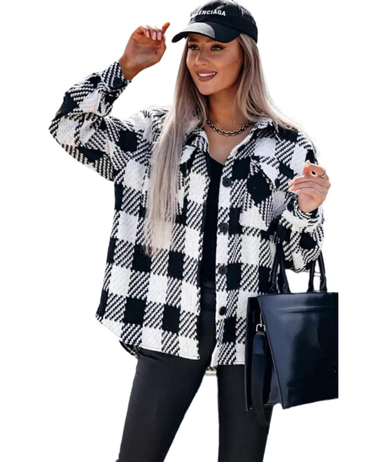 Black Plaid Textured Flap Pocket Shacket