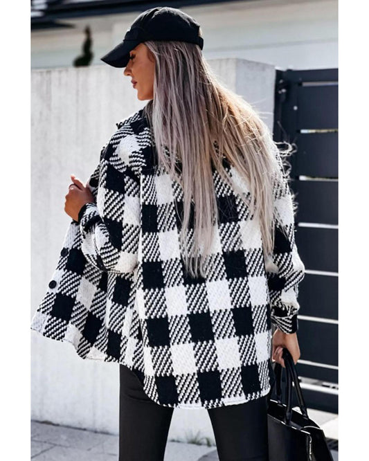 Black Plaid Textured Flap Pocket Shacket