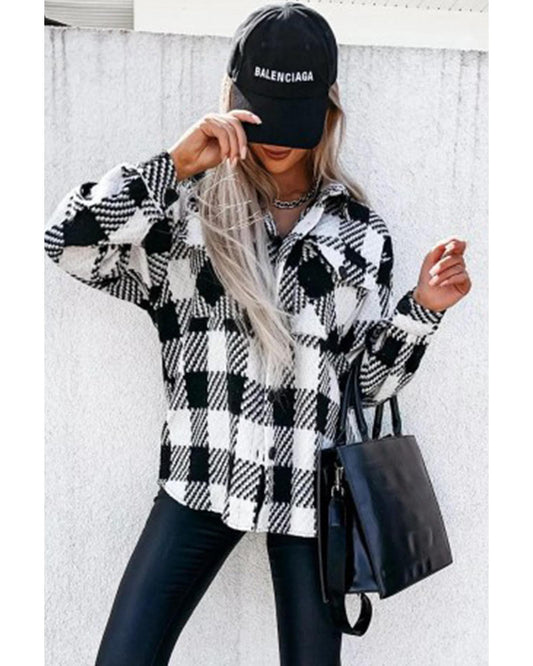 Black Plaid Textured Flap Pocket Shacket