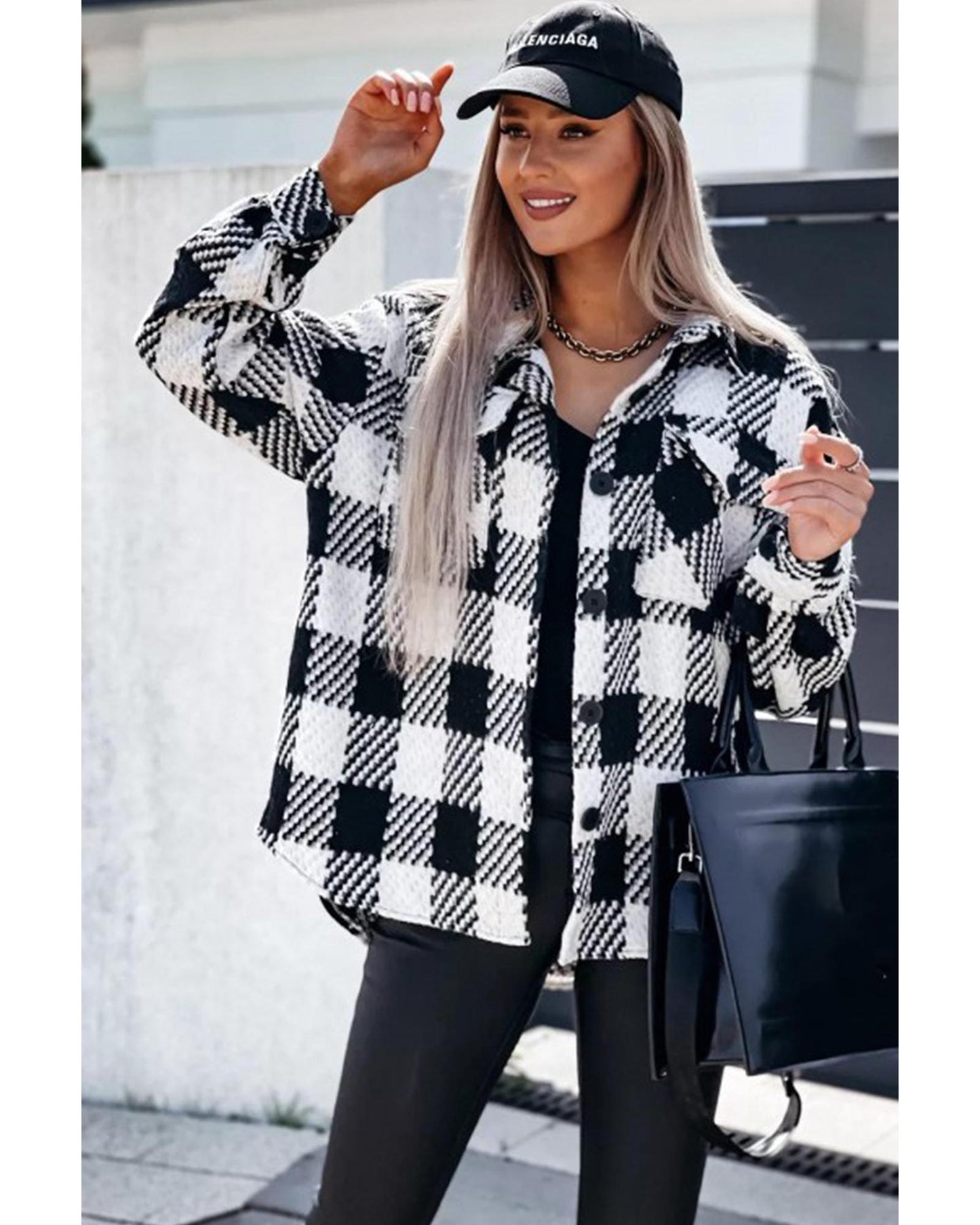 Black Plaid Textured Flap Pocket Shacket