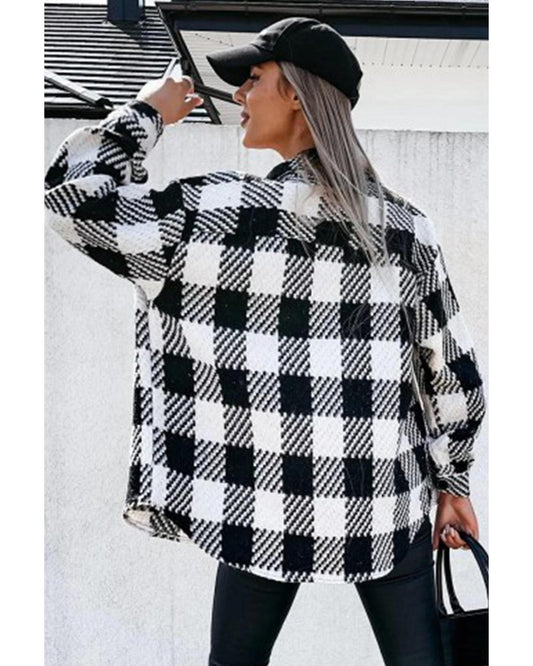 Black Plaid Textured Flap Pocket Shacket