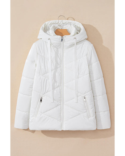 White Solid Quilted Hooded Zip Up Puffer Coat - 2XL