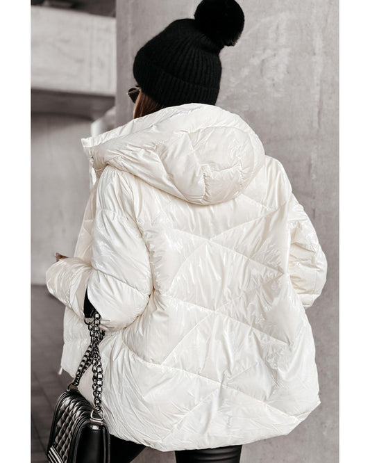 White Solid Quilted Hooded Zip Up Puffer Coat - 2XL