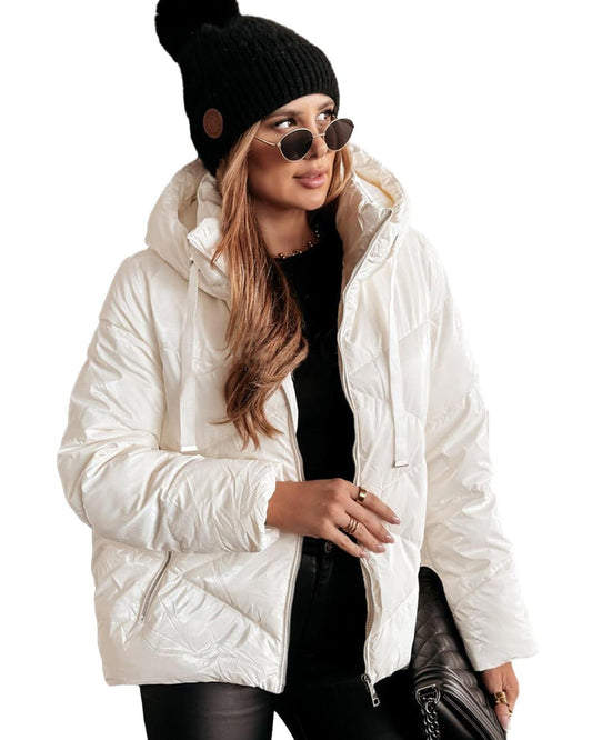 White Solid Quilted Hooded Zip Up Puffer Coat - 2XL