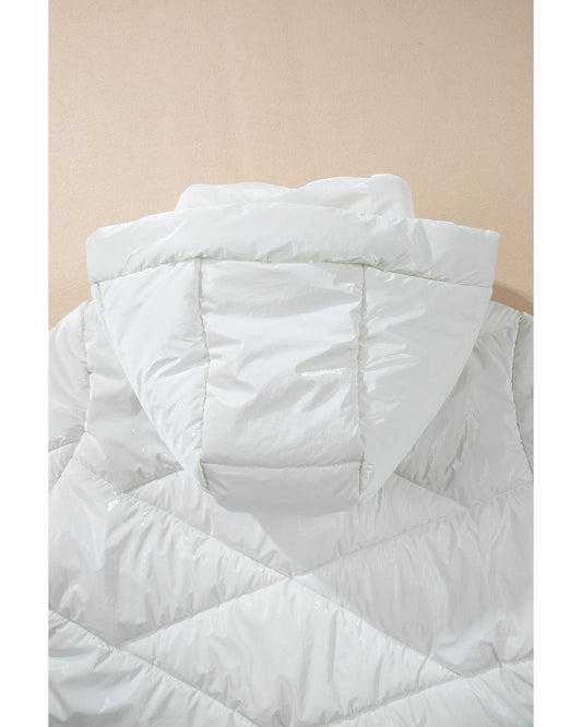 White Solid Quilted Hooded Zip Up Puffer Coat - 2XL