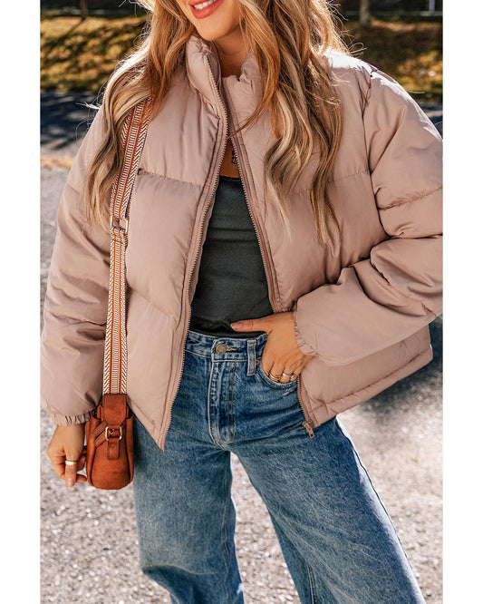 Apricot Pink Full Zipper Quilted Puffer Jacket