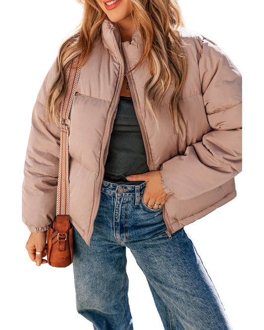 Apricot Pink Full Zipper Quilted Puffer Jacket