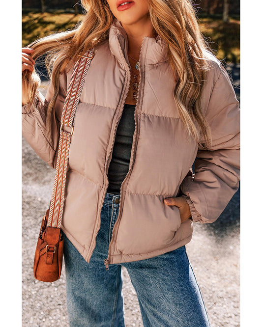 Apricot Pink Full Zipper Quilted Puffer Jacket