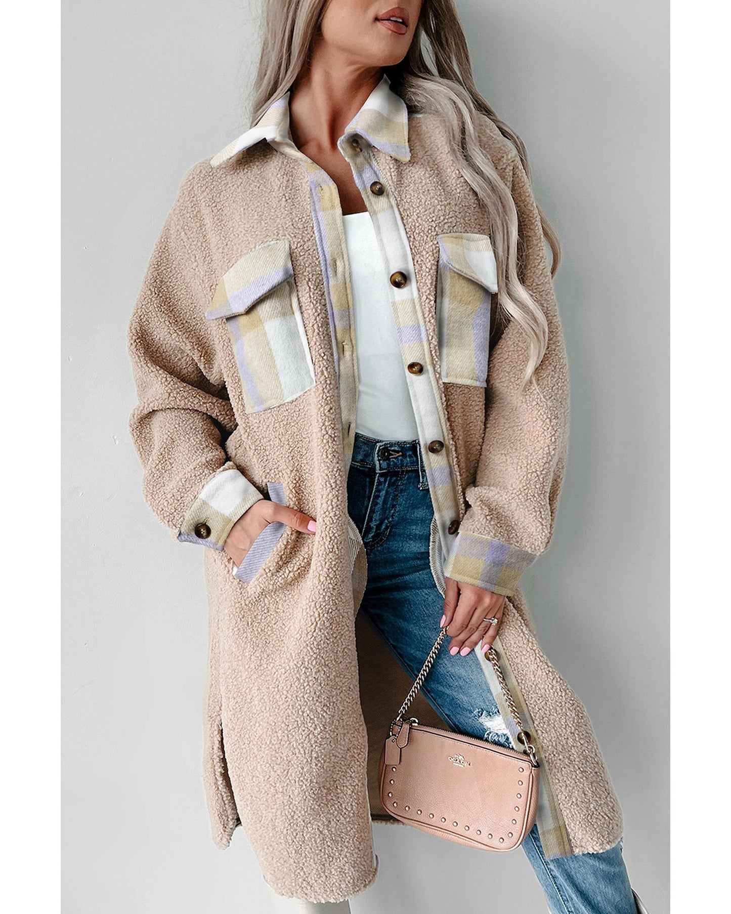 Plaid Patchwork Collared Button-up Sherpa Long Coat