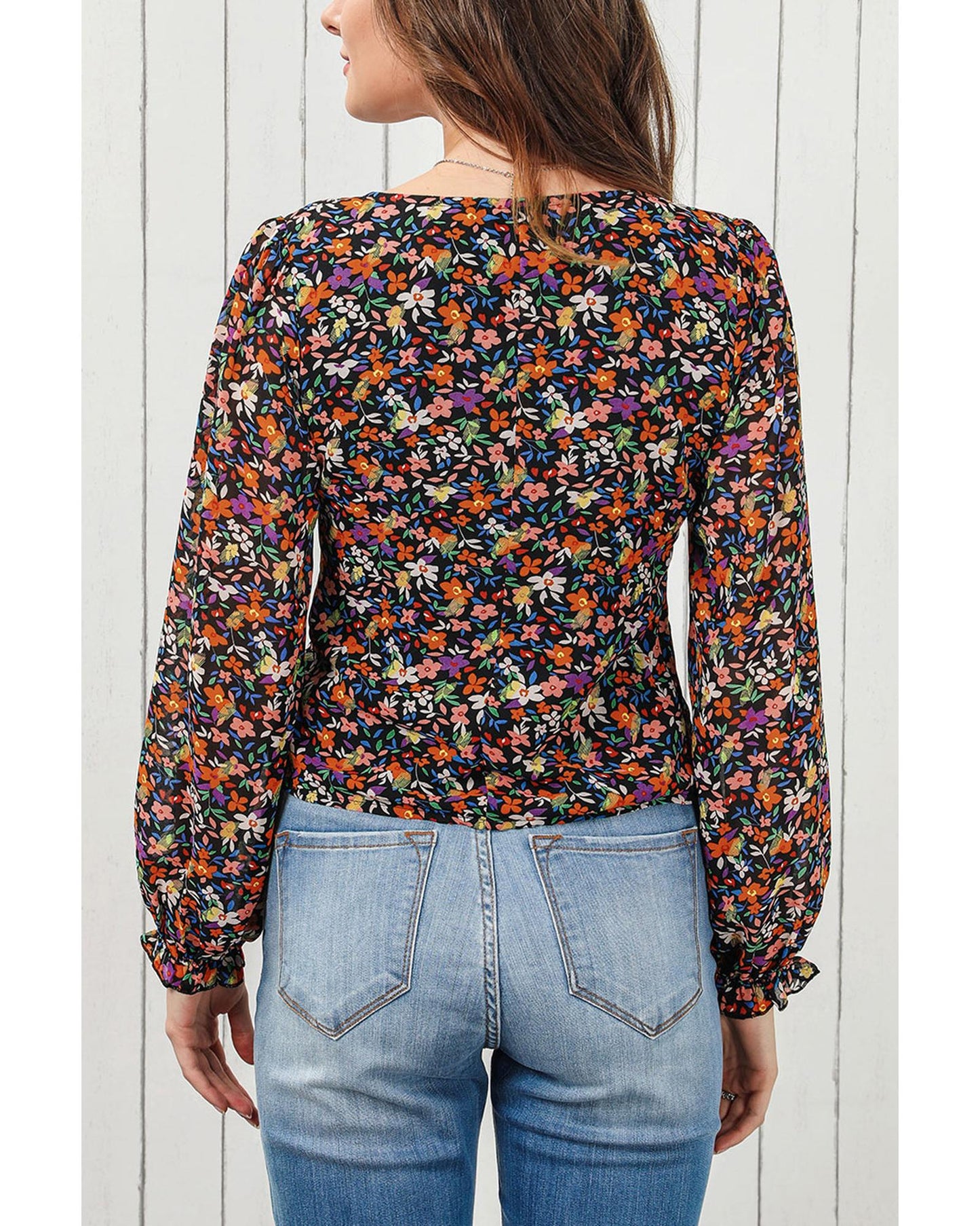 Plus Size V-Neck Bubble Sleeve Floral Blouse