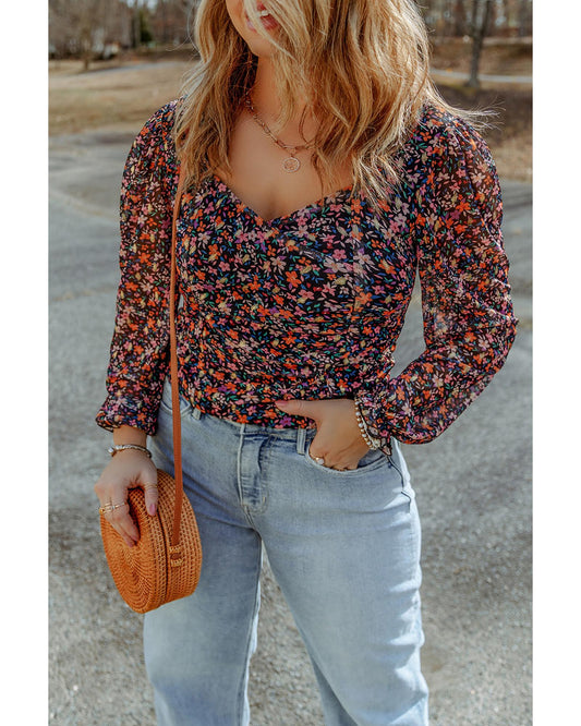 Plus Size V-Neck Bubble Sleeve Floral Blouse