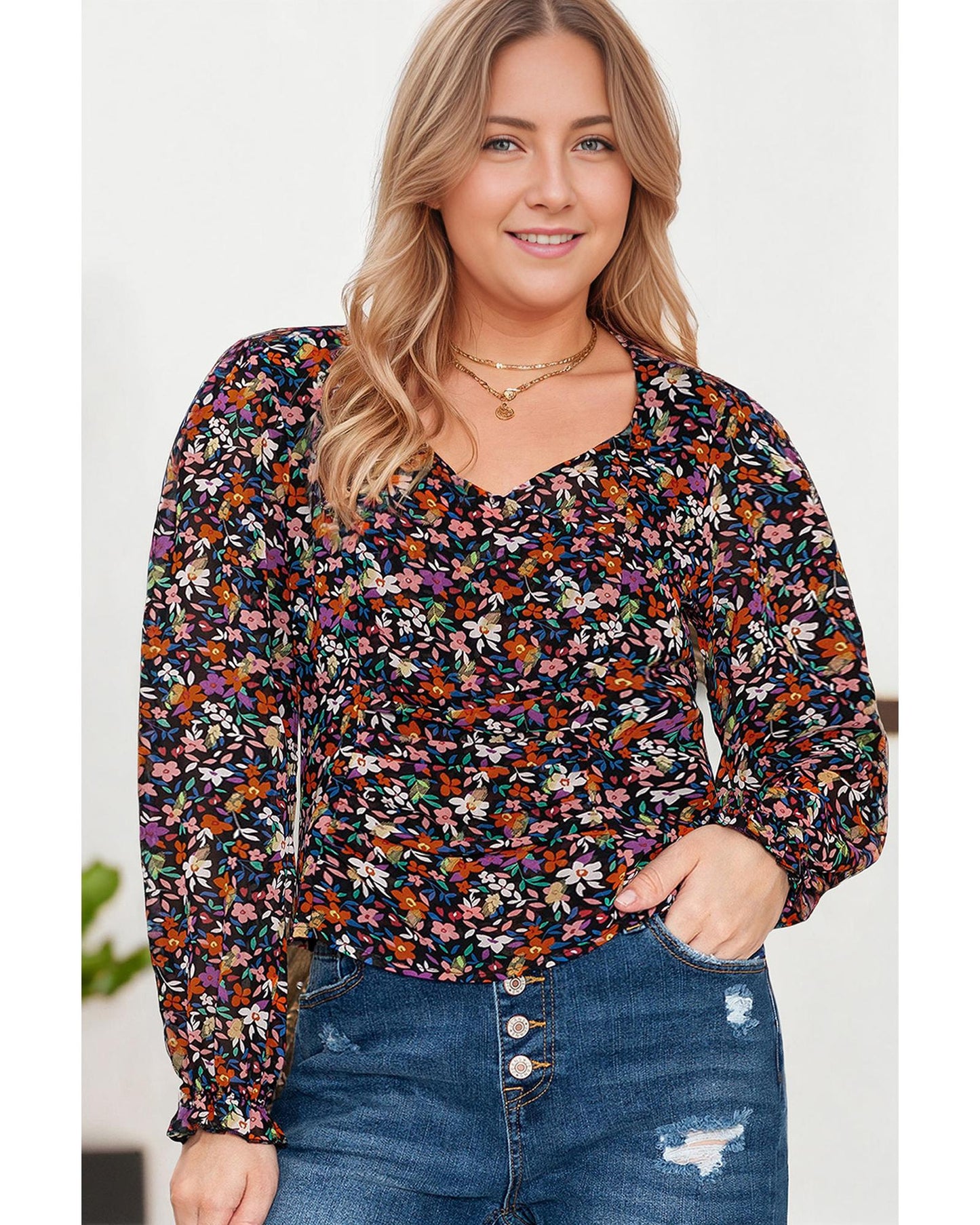 Plus Size V-Neck Bubble Sleeve Floral Blouse