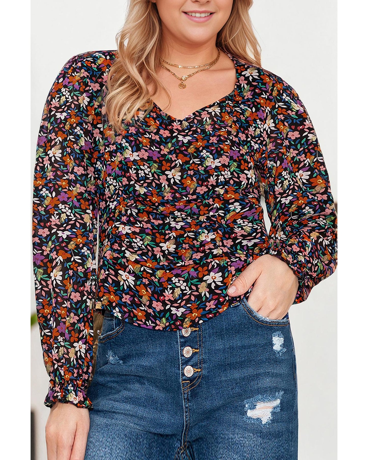 Plus Size V-Neck Bubble Sleeve Floral Blouse