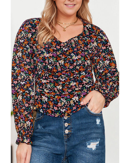 Plus Size V-Neck Bubble Sleeve Floral Blouse