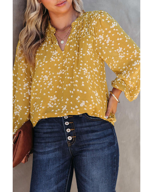 Plus Size Floral Ruched Split Neck Blouse