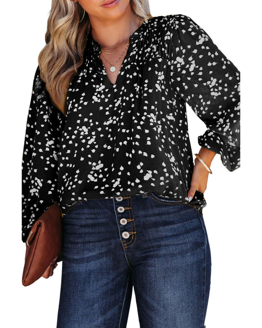 Plus Size Floral Ruched Split Neck Blouse