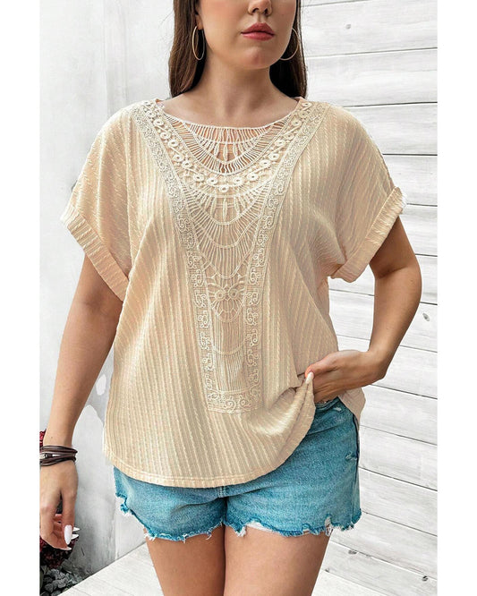 Plus size Textured Cuffed Top with Knit Detail
