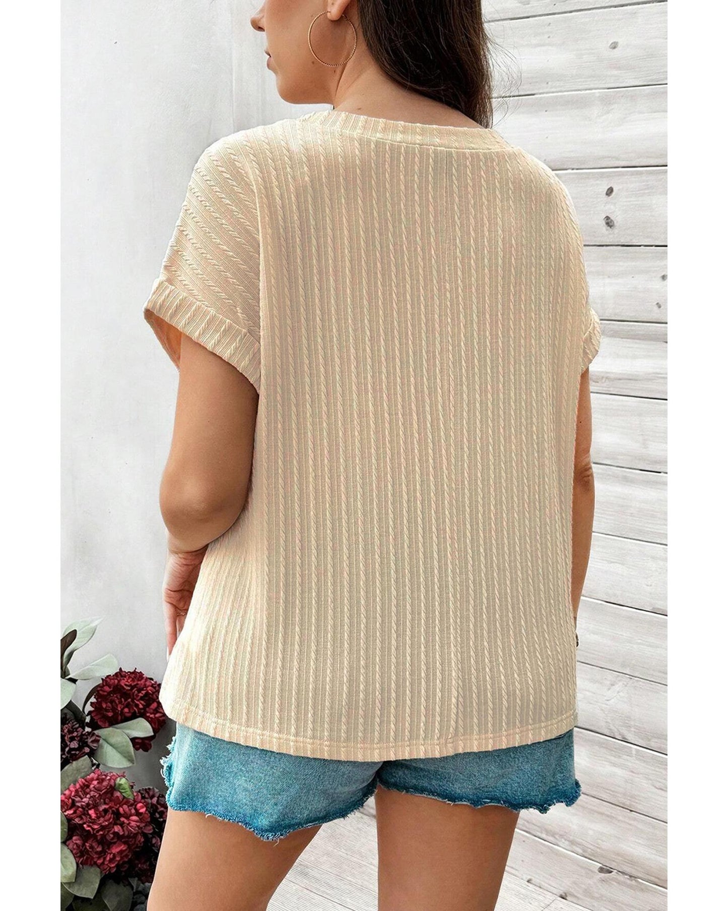 Plus size Textured Cuffed Top with Knit Detail