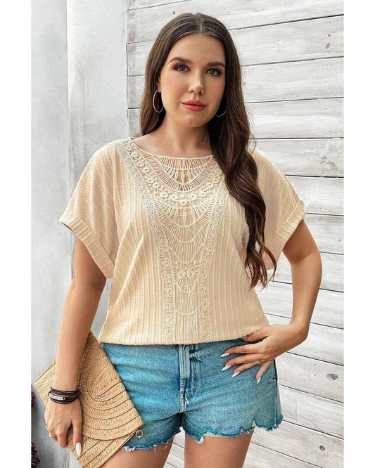 Plus size Textured Cuffed Top with Knit Detail