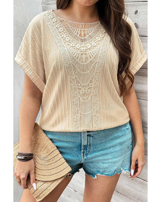 Plus size Textured Cuffed Top with Knit Detail