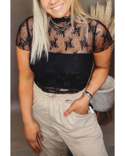 Plus Size Sheer Lace Mesh Short Sleeve Top