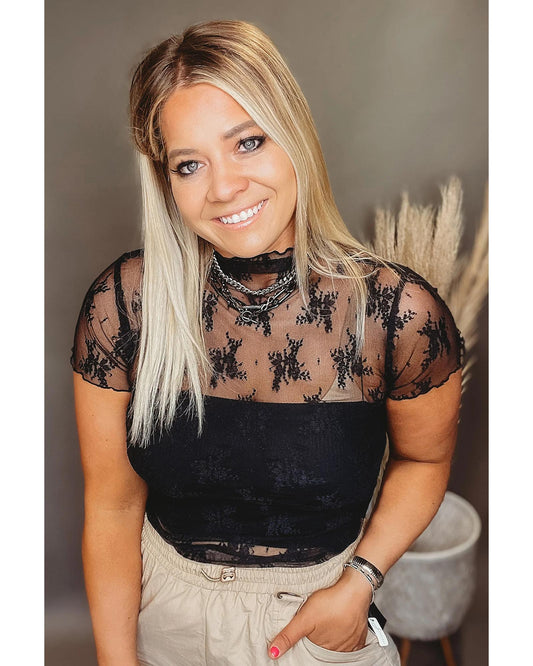 Plus Size Sheer Lace Mesh Short Sleeve Top