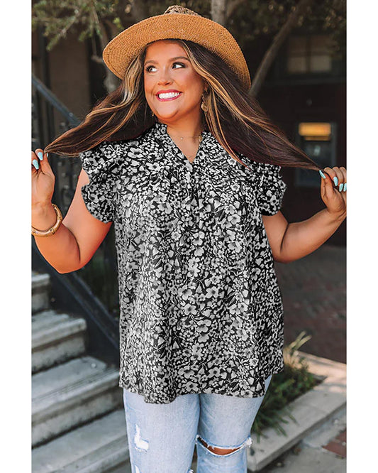Plus Size Rose Floral Ruffle Sleeve Top