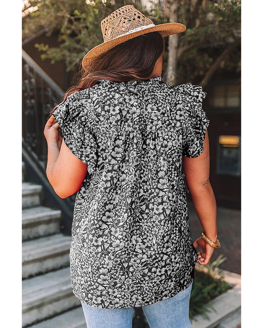 Plus Size Rose Floral Ruffle Sleeve Top
