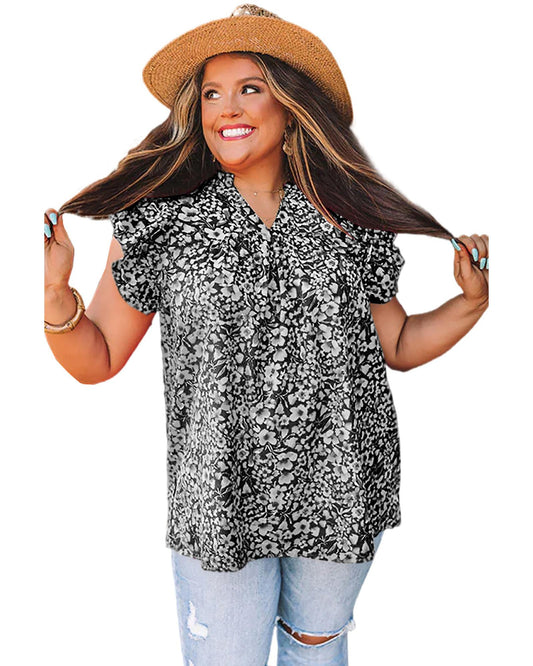 Plus Size Rose Floral Ruffle Sleeve Top