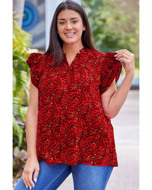Plus Size Rose Floral Ruffle Sleeve Top