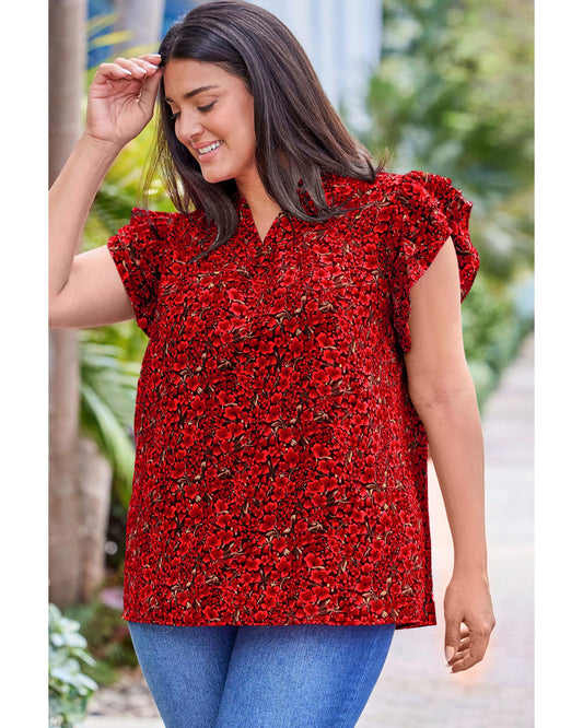 Plus Size Rose Floral Ruffle Sleeve Top